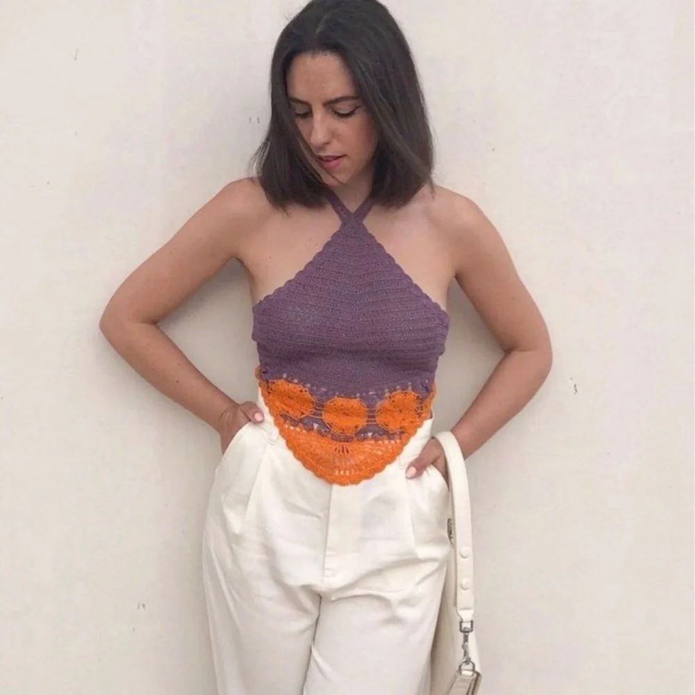 Zara purple orange crochet knit boho halter crop top NWT bohemian - Picture 5 of 13